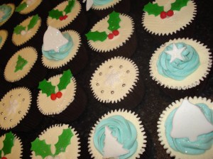 Bells, trees, holly, snowflake cupcakes