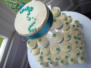 Teal themed Wedding Cake and Cupcake Tower